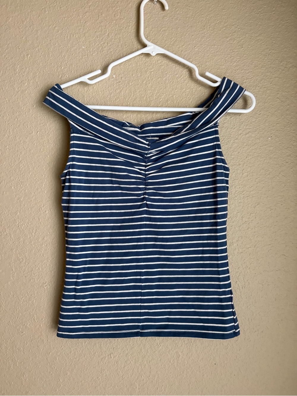 Aeropostale Navy and White Striped Off-Shoulder Tank